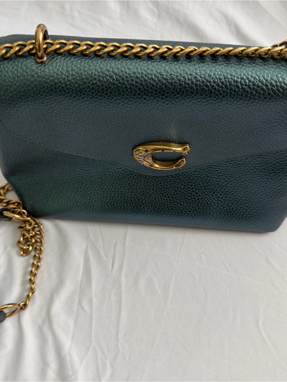 Coach Green Pebbled Leather Shoulder Bag with Gold Chain